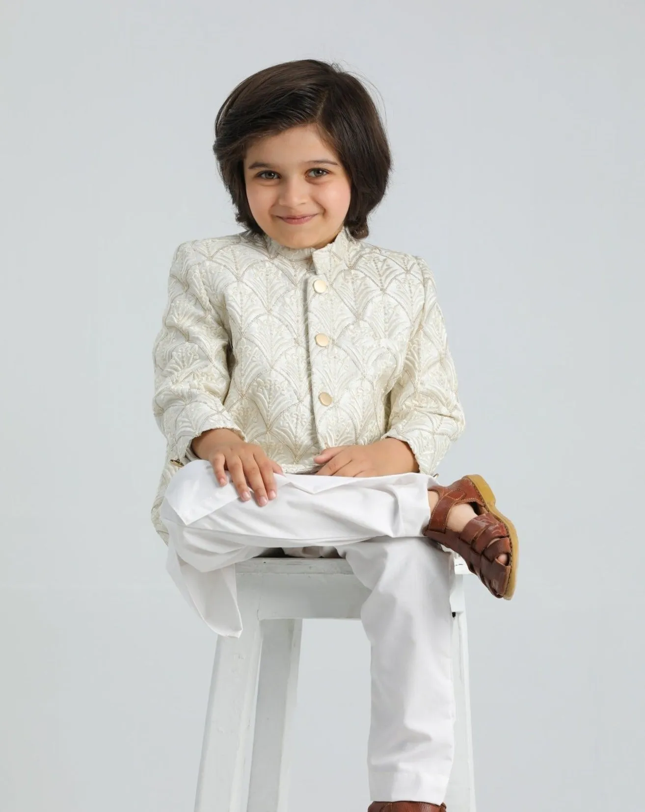Off White Kurta Trouser with Sequin Embroidered Prince Coat - Kids
