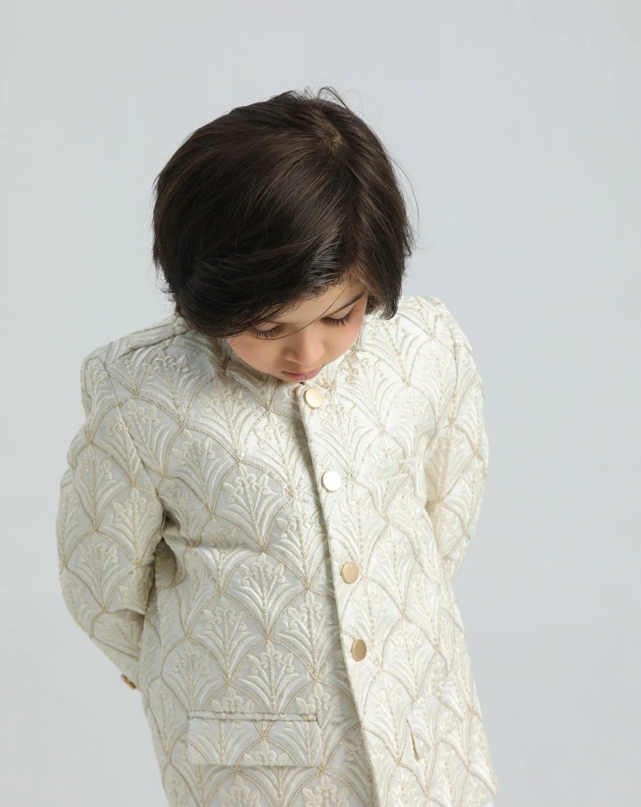 Off White Kurta Trouser with Sequin Embroidered Prince Coat - Kids