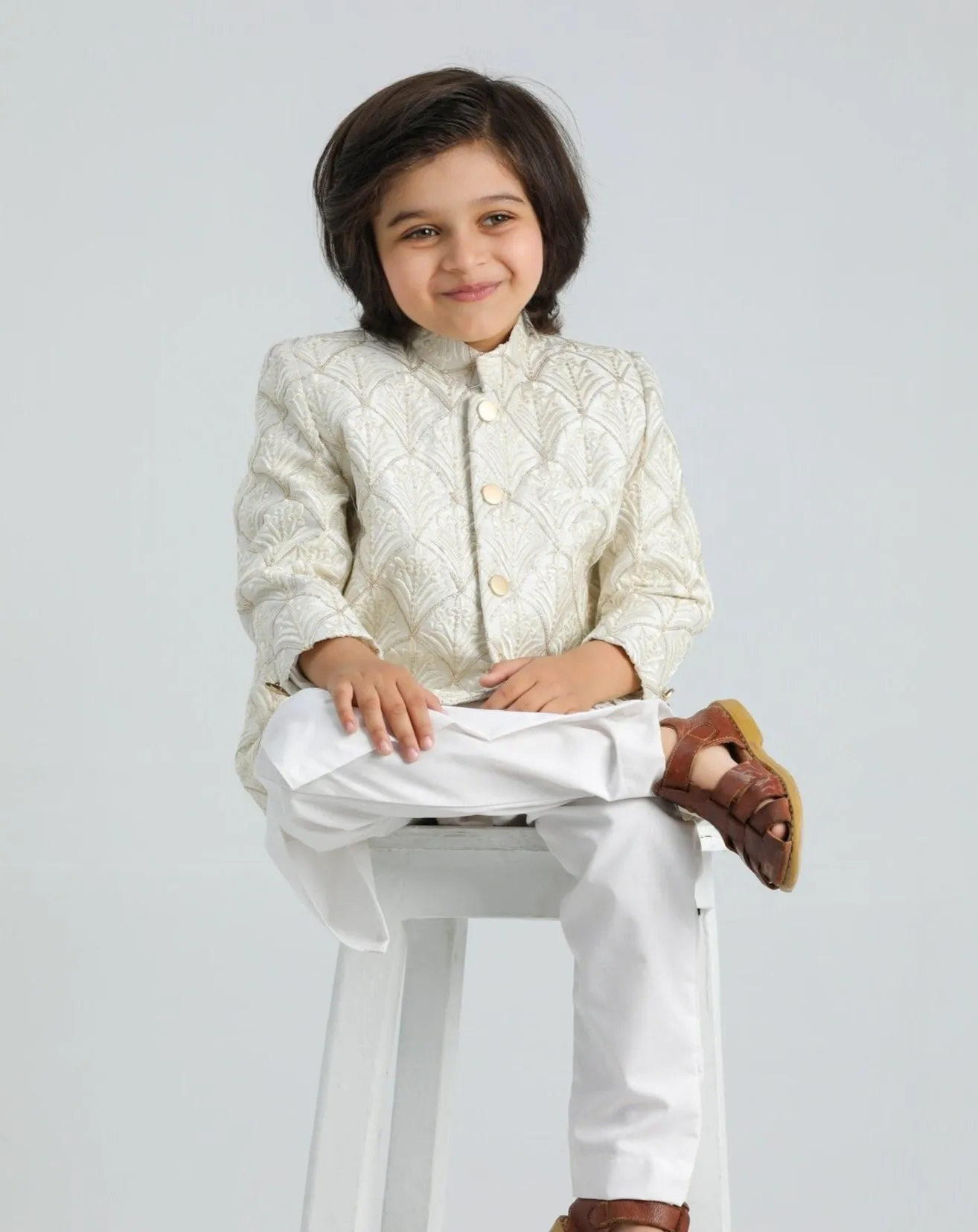Off White Kurta Trouser with Sequin Embroidered Prince Coat - Kids