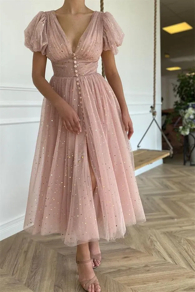 Rose Gold Sequin A-Line Tulle V-Neck Prom Dresses with Sleeves